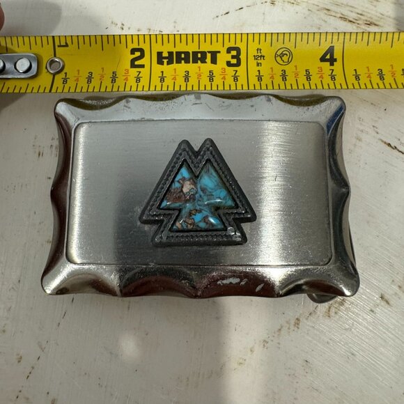 Vintage Silver Belt Buckle With Turquoise Southwest Arrowhead Mountain Inlay - Picture 3 of 3